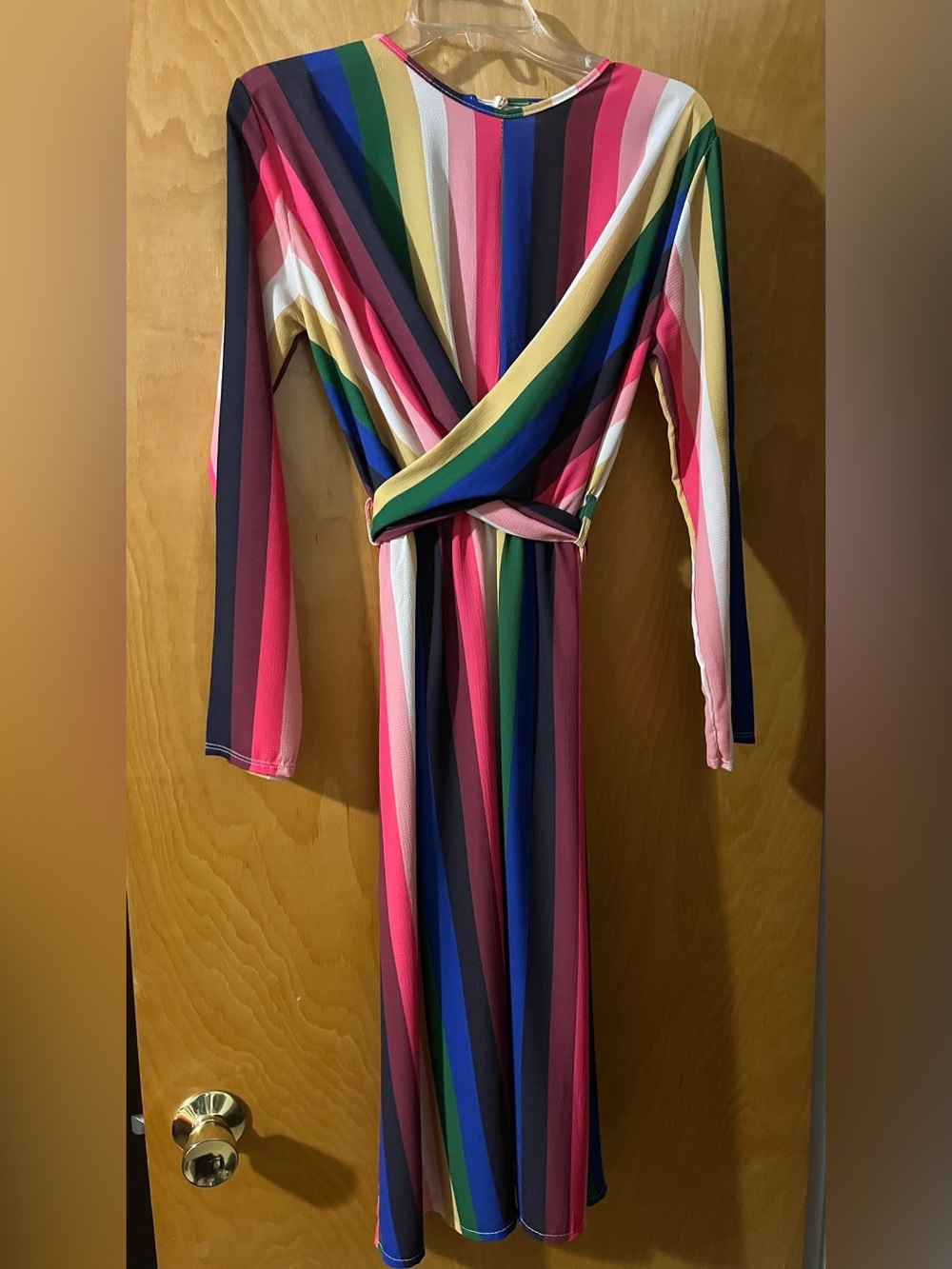 Boohoo Striped Faux-Wrap Long Sleeve Midi Dress - Pink, Green & Blue Size 8